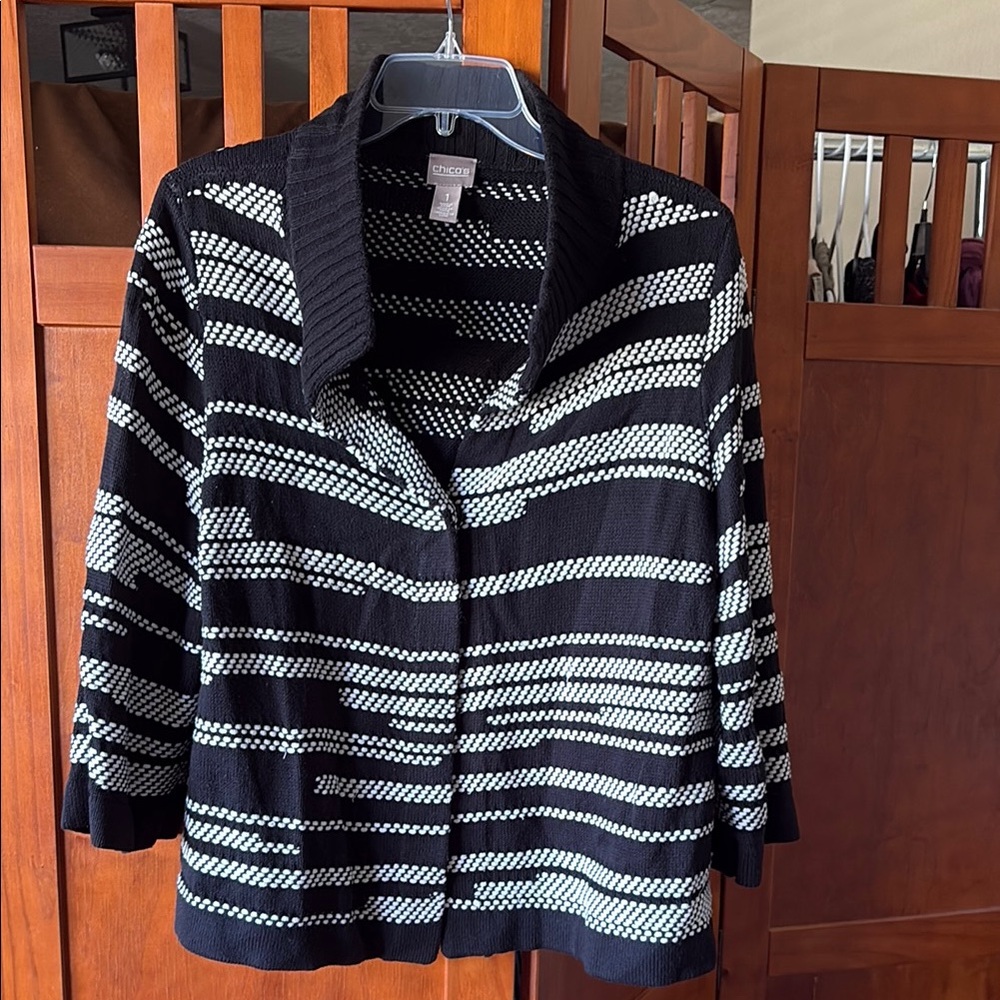 Chico's Black and White Knit Cardigan with Stripes